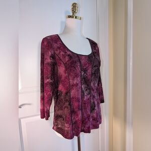 Roz & Ali Dress Barn L Burgundy/Brown Boho Print with Raised Burgundy Top Velvet